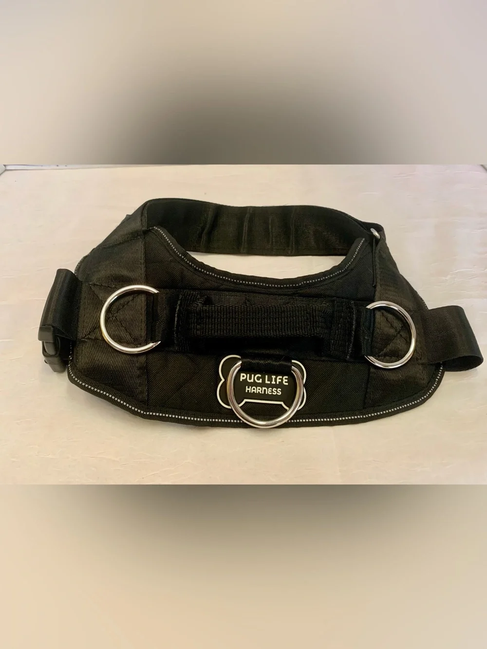 PUG LIFE DOG CANINE HARNESS LARGE BLACK NYLON NO-PULL 3-POINT RINGS